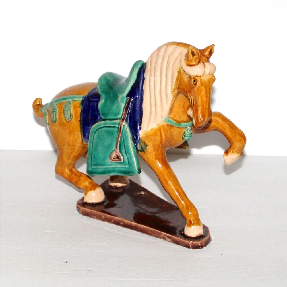 Vintage Horse Figurine majolica China drip glaze 9" yellow green blue